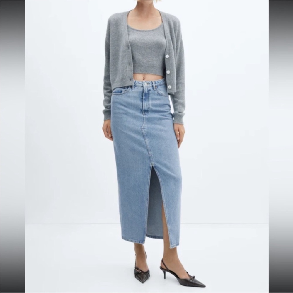 Mango light wash denim midi skirt